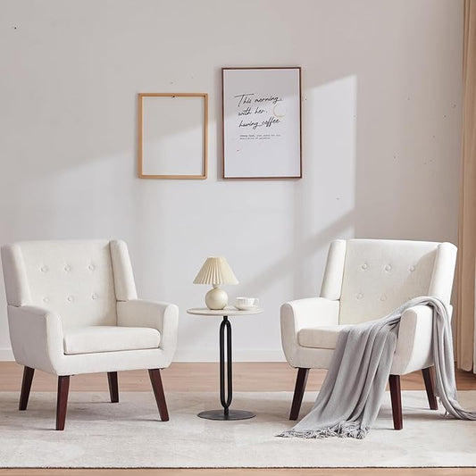 HUIMO Button-Tufted Accent Chairs Set of 2,Upholstered Reading Living Room Chair,Mid Century Modern Chair with Linen Fabric, Club Chair,Comfy Arm Chairs for Living Room,Bedroom,Beige-Ruum Studio Home