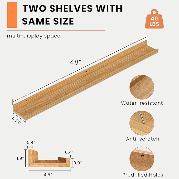 Heimlove Picture Ledge Shelf, Floating Shelves Set of 2, 48 Inches Picture Shelf for Wall with Ledge, Kids Bookshelf Wall Mounted for Living Room Bedroom Decor Books Photo Frames, Natural Oak-Ruum Studio Home
