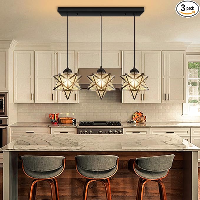 Modern Farmhouse Glam Chandelier Dining Room Glass Star Pendants Light Fixture Kitchen Island LED Ceiling Hanging Lights Included Warm Light Bulbs Black-Ruum Studio Home