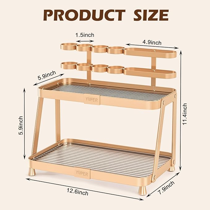 YUPER Bathroom Counter Organizer, 2-Tier Bathroom Organizer Countertop with Toothbrush Holder, Makeup Storage Shelf Vanity Tray Perfume Organizer, Bedroom Kicthen Counter Storage Sink Shelf Gold-Ruum Studio Home