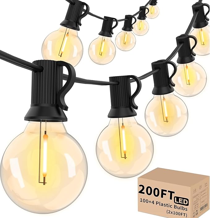 Svater Outdoor String Lights 200 FT, Patio Lights with 104 Shatterproof LED Bulbs, Commercial Grade Waterproof Plastic Hanging Light for Bistro Backyard Cafe Market, Warm White 2700K (2 X 100 FT)-Ruum Studio Home