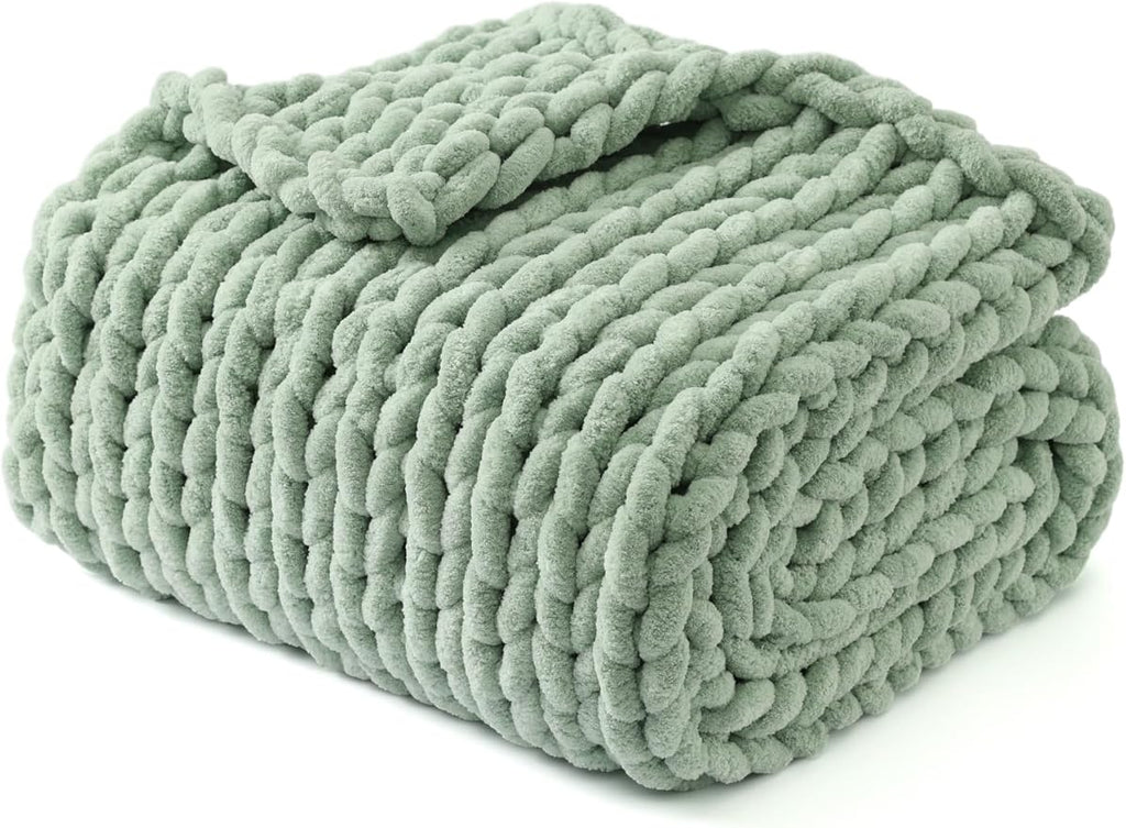 YnM Chunky Throw Blanket, Medium-Weight, Hand Knitted with Chenille Yarn, Skin Friendly, Ventilated and Breathable, Machine Washable, Home Décor Piece for Couch, Sofa and Bed (Sage Green, 40x50 Inch)-Ruum Studio Home