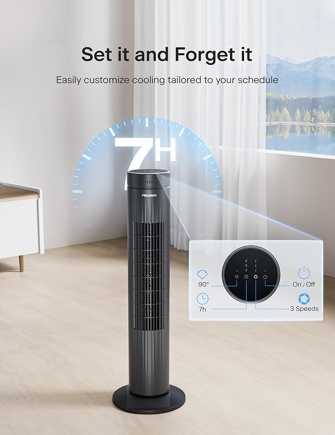 Pelonis 30-Inch Oscillating Tower Fan for Bedroom – 3 Speed, Quiet Tower Fan with Remote ControL, Small Fan, 7-Hour Timer – ETL Certified, Black-Ruum Studio Home