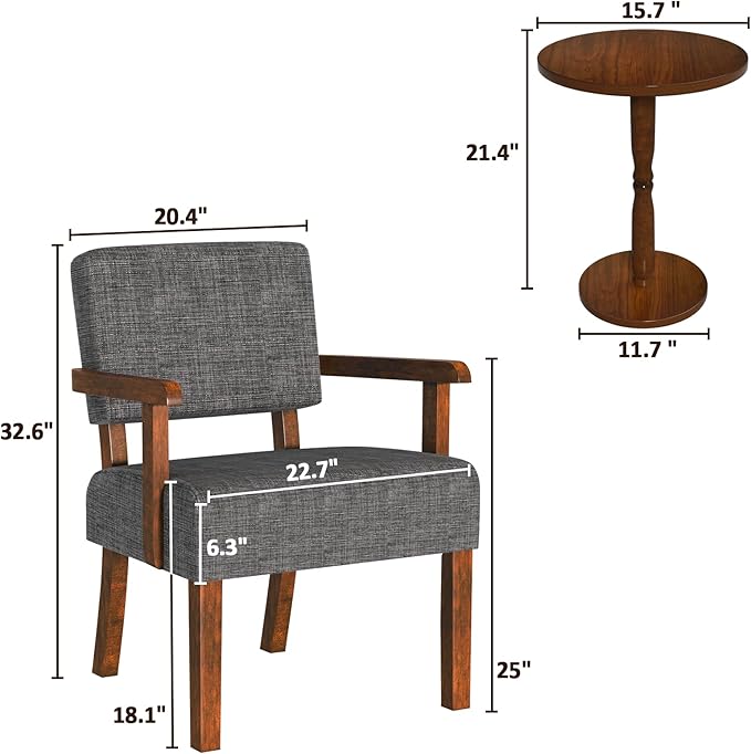 Accent Chair Set of 2 with Table, Living Room Chairs with Soft Seat and Armrests for Living Room Bedroom Reading Room Waiting Room, Grey (AC01)-Ruum Studio Home