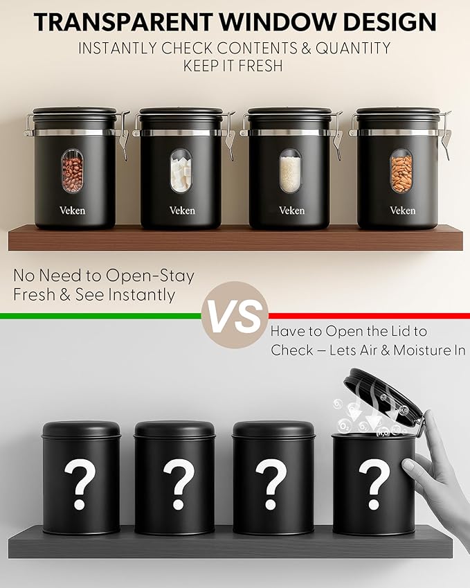Veken Coffee Canister with Window,Airtight Stainless Steel Container,Home Kitchen Food Storage Organizers for Grounds,Beans,Espresso,Rice,Tea,Sugar,Flour, Cereal,Scoop,Bar Accessories,Gifts,22OZ,Black-Ruum Studio Home