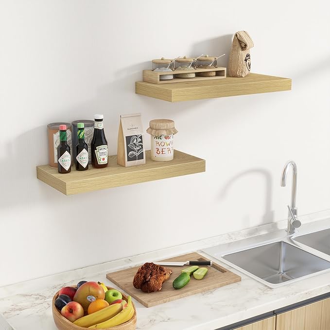 Fun Memories 24 Inch Floating Shelves Wall Mounted, 10 Inch Deep Wall Shelves, 24 x 10 Floating Shelf for Living Room Bathroom Bedroom, Oak, Set of 2-Ruum Studio Home
