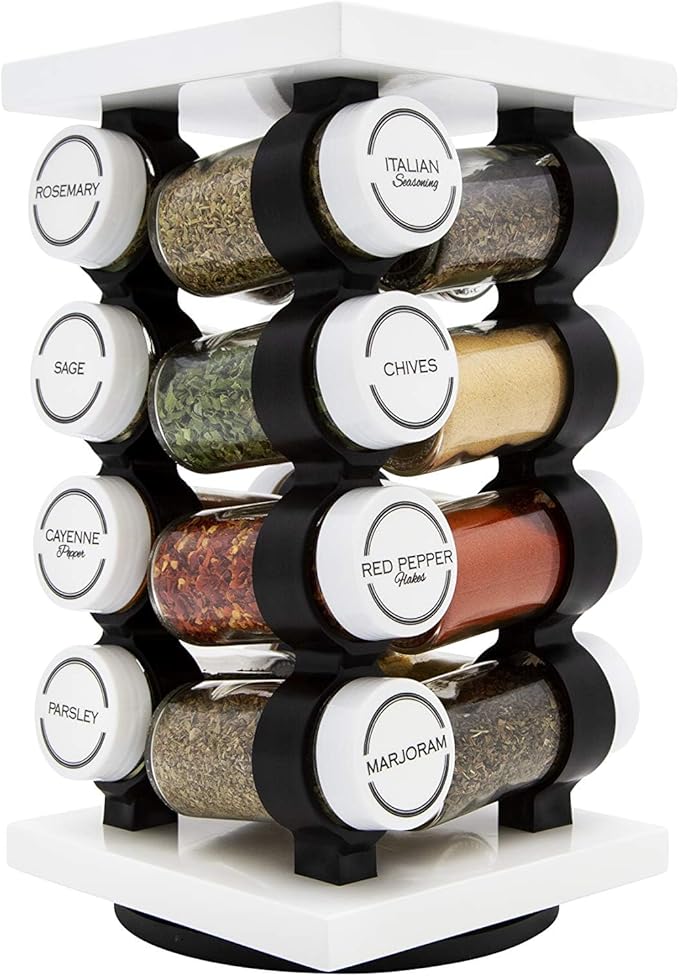 Orii Spice Rack 16 Jar Set White Filled with Spices - Rotating Standing Rack Shelf Holder & Countertop Spice Rack Tower Organizer for Kitchen Spices-Ruum Studio Home