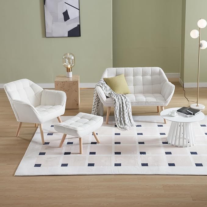 Modern Sherpa Accent Chair with Ottoman, Fluffy Upholstered Lounge Chair with Footrest, Comfy Living Room Side Boucle Armchair for Small Space Bedroom Apartment, White-Ruum Studio Home