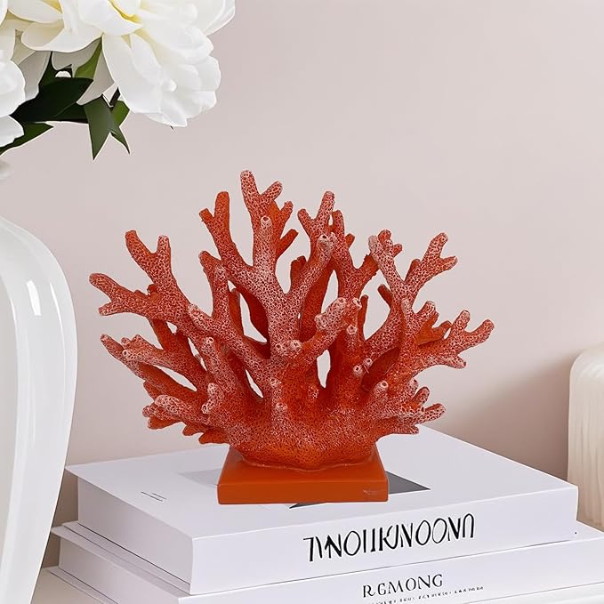 5.8" H Red Orange Coral Decor - Resin Coral Statue, Nautical Decor for Home, Bedroom, Bathroom, Living Room, Ocean Themed Cabinet Shelf Tabletop Decoration-Ruum Studio Home