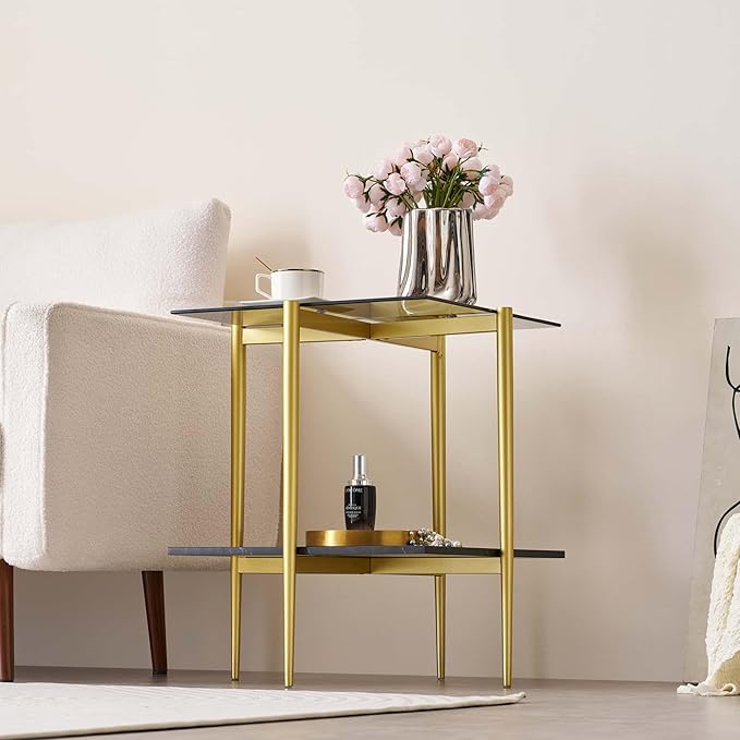 Glass End Table, Mid-Century Modern Design Sofa Table, for Living Room, L18 x W18 x H23 in, Clear Glass Top and Walnut MDF Shelf, Sleek Conical Metal Legs with Gold Finish Frame-Ruum Studio Home