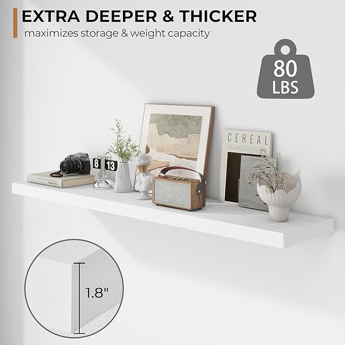 Fun Memories Floating Shelves - 12 Inch Rustic Wooden Wall Shelves - Extra Deeper & Thicker Wall Mounted Storage Shelf for Living Room, Kitchen, Farmhouse - 55" W x 12" D x 1.8" H - White-Ruum Studio Home