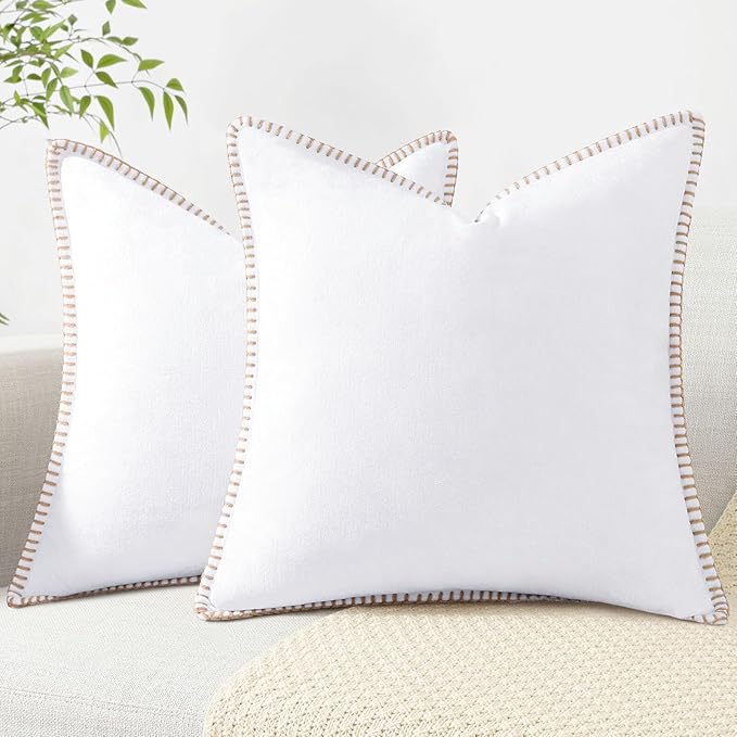 decorUhome Chenille Soft Throw Pillow Covers 20x20 Set of 2, Farmhouse Velvet Neutral Decorative Euro Pillow Covers with Stitched Edge for Couch Sofa Bed Home Decor, White-Ruum Studio Home