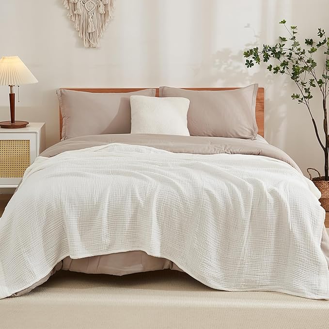 EMME Cotton Bed Blankets White Blankets for Bed Muslin Twin Blanket 60"x80" Lightweight Soft Twin Blanket All Season Gauze Blanket-Ruum Studio Home