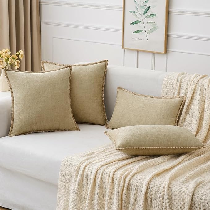 MIULEE Pack of 2 Couch Throw Pillow Covers 12x20 Inch Beige Farmhouse Decorative Pillow Covers with Stitched Edge Soft Chenille Solid Dyed Spring Pillow Covers for Sofa Bed Living Room-Ruum Studio Home