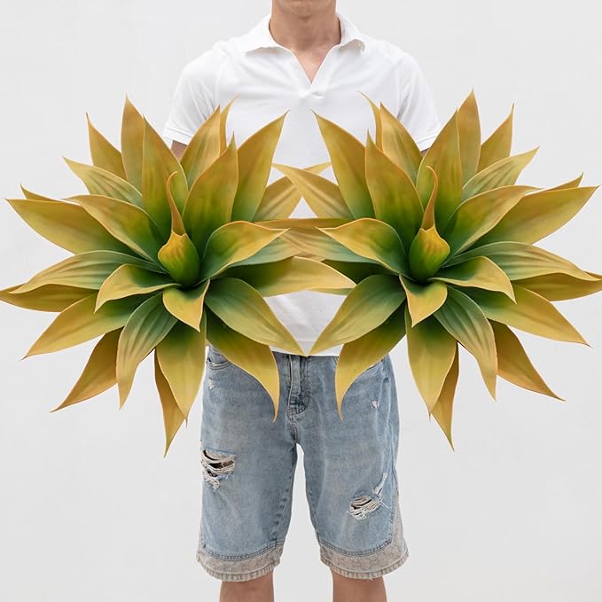 Artificial Plants Outdoor Faux Plant,Artificial Agave Faux Hostas Outdoor Uv Resistant Artificial Plants Indoor Fake Plant Artificial Agave Plant Indoor(2pcs, 28") Yellow-Ruum Studio Home