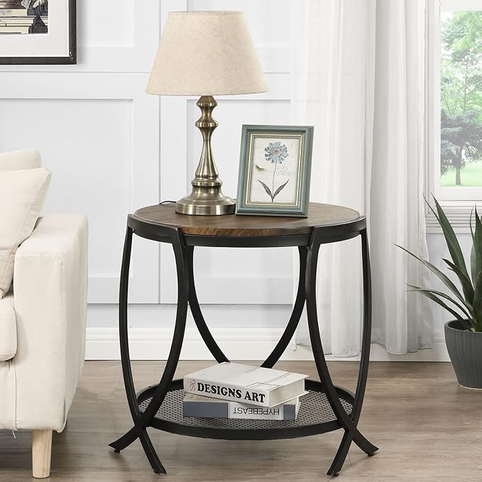 ASYA Industrial Round End Table with Storage Shelf, 2-Tier Side Table for Living Room, Adjustable Feet & lmitation Wood Grain Surface, Rustic Brown-Ruum Studio Home