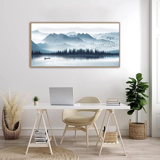Indigo Framed Canvas Wall Art Misty Mountain Wall Pictures Foggy Lake Boat Canvas Painting Prints Forest Birds Canvas Wall Decor for Living Room Bedroom Decorations Natural Framed 24" x 48"-Ruum Studio Home