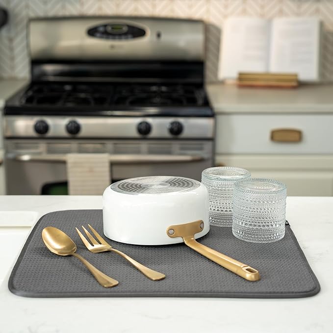 S&T INC. Dish Drying Mat, 16” x 18”, Absorbent Microfiber Kitchen Counter Mat, Dish Drying Pad for Dishes, Utensils, Pots and Pans, Large, Charcoal-Ruum Studio Home