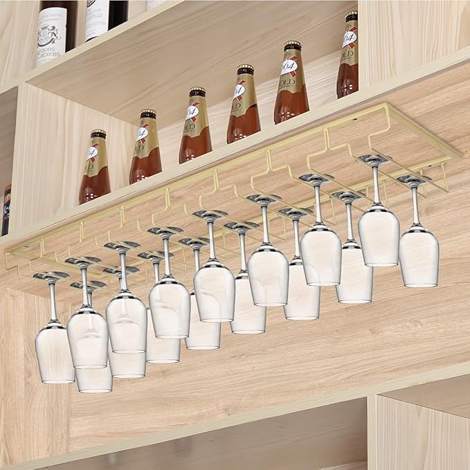 Xverycan Wine Glass Rack Under Cabinet, 8 Row Extreme Large Stemware Hanger, Metal Wine Goblet Holder, DIY Bar Glass Storage Rack for Bar Counter, Kitchen, Screws Included (Gold)-Ruum Studio Home