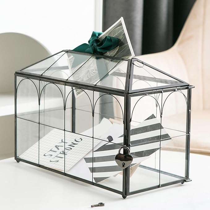 Wedding Card Box with Slot, 12.6'' Large Glass Card Boxes for Reception, Black Geometric Holder, Clear Decorative Storage Box with Lock for Baby Shower, Birthday Party, Christmas, Bridal Shower-Ruum Studio Home