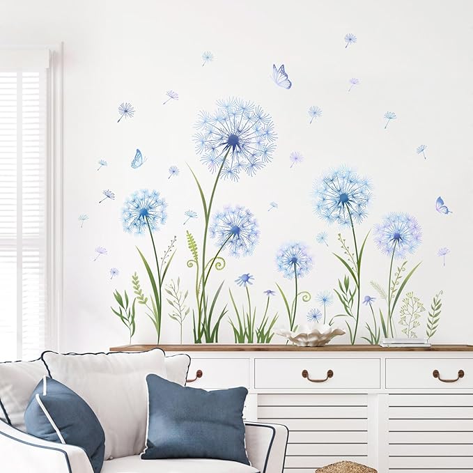 Dandelion Flower Butterfly Wall Decals Blue Dandelion Plants Floral Wall Stickers Peel and Stick Vinyl Wall Art Decor for Living Room Bedroom Office TV Sofa Backdrop Home Decor Gifts for Mom-Ruum Studio Home