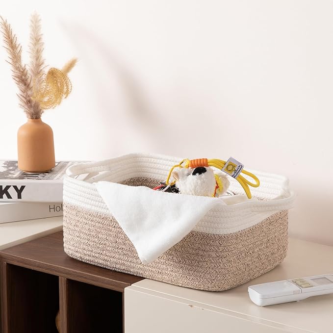 OIAHOMY 3 Pack Storage Baskets for Organizing, Woven Cotton Rope Basket for Shelves, Closet Organizer Bins with Handles, Rectangle Toy Organization, 13.78''×9.84''×5.5'', Brown & White-Ruum Studio Home