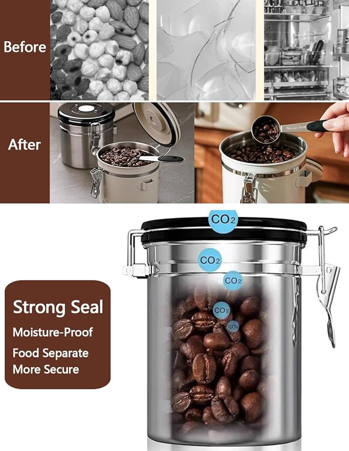 Coffee Canister Airtight Storage Container Stainless Steel Air Tight Coffee Jar with Scoop, Date Tracker CO2 Release Valve for Dry Food, Beans, Ground, Tea, Flour, Cereal and Sugar (1.8L-Silver-2pcs)-Ruum Studio Home