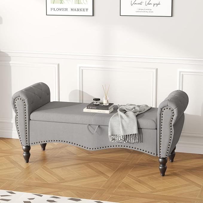 Furniliving 51.75" Storage Ottoman Bench for Living Room, Modern Bedroom Bench with Rolled Arm Upholstered End of Bed Bench Shoe Storage Bench Indoor Bench with Wood Legs Entryway Bench,Grey, Linen-Ruum Studio Home