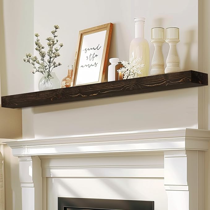 72x8x3 Fireplace Mantel - Solid Rustic Wood - Wall Mounted Floating Shelf with Invisible Heavy Duty Steel Bracket (Weathered Black)-Ruum Studio Home
