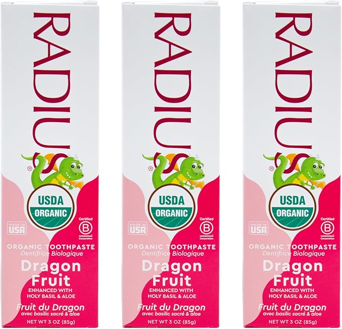 RADIUS USDA Organic Kids Toothpaste 3oz Non Toxic Chemical-Free Gluten-Free Designed to Improve Gum Health for Children's 6 Months and Up - Dragon Fruit - Pack of 3-Ruum Studio Home