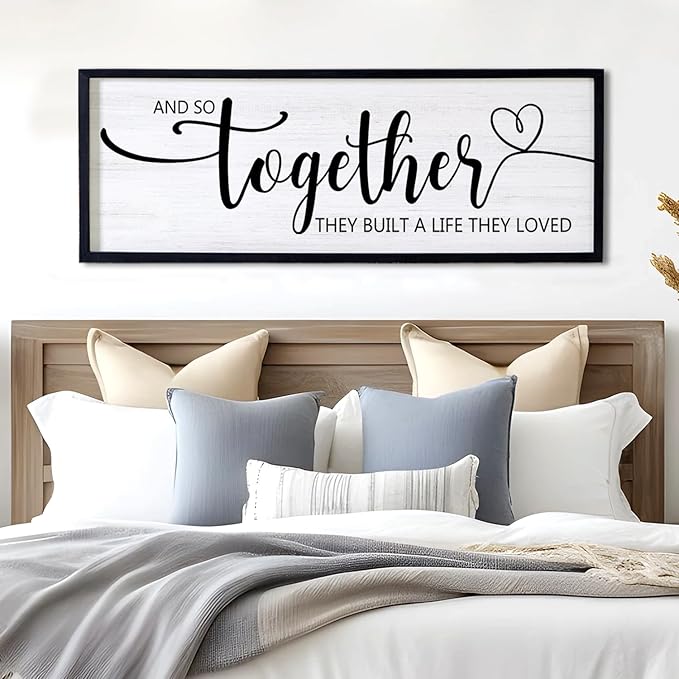 And So Together They Built A Life They Loved Decorative Rustic Sign & Plaque Framed Wall Art for Couples, 40''×15' Vintage 'Wooden Long Wall Decor Above Bed, Horizontal Farmhouse Wedding Gift-Ruum Studio Home