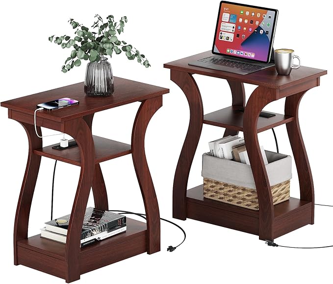 End Tables Living Room Set of 2,Cherry End Table with Charging Station,Side Table, Nightstand for Bedroom, 3 Tier End Table with Storage Shelf for Living Room(Cherry)-Ruum Studio Home