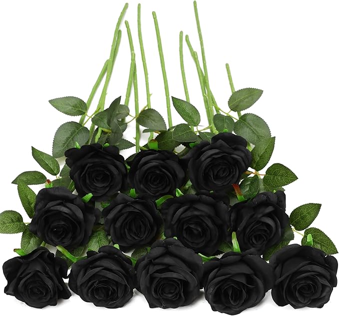 Black Fake Roses Artificial Flowers - 16 Pcs Fake Artificial Roses Silk Flowers with Stems for Home Wedding Hotel Office Centerpiece Decor-Ruum Studio Home