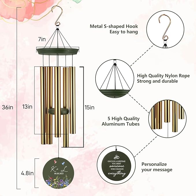 2025 Wedding Wind Chimes for Couple, Deep Tone Personalized Wind Chime, Wedding Gifts for Couples, Customized Windchime for Husband/Wife-Ruum Studio Home
