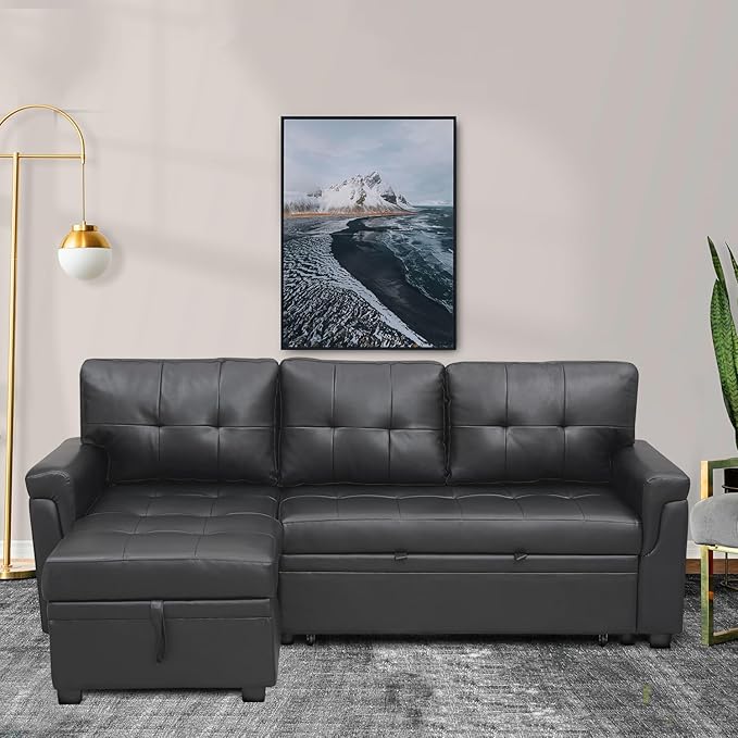 Naomi Home Modern Sectional Sofa with Storage Chaise Black/Air Leather-Ruum Studio Home
