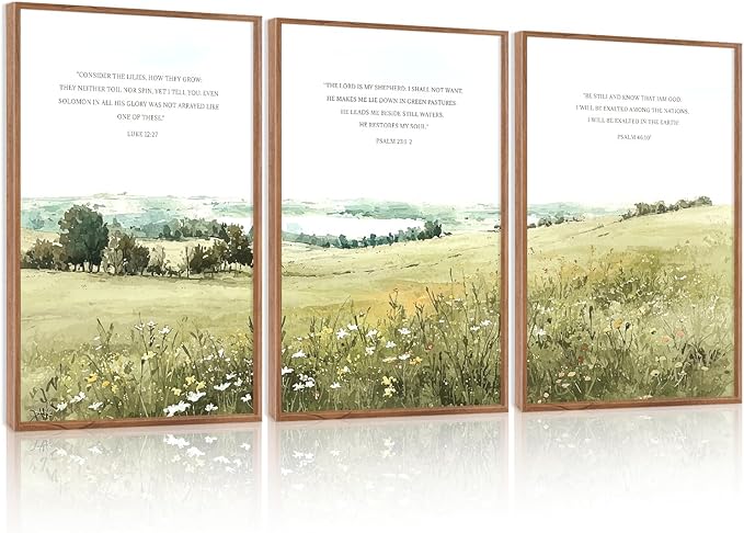 KAIRNE Scripture Christian Canvas Wall Art,Bible Verse Prints Set of 3(16”X24”),Modern Scripture Floral Wall Decor,Framed Green Countryside Field Paintings for Living Room Bedroom Ding Room Decor-Ruum Studio Home