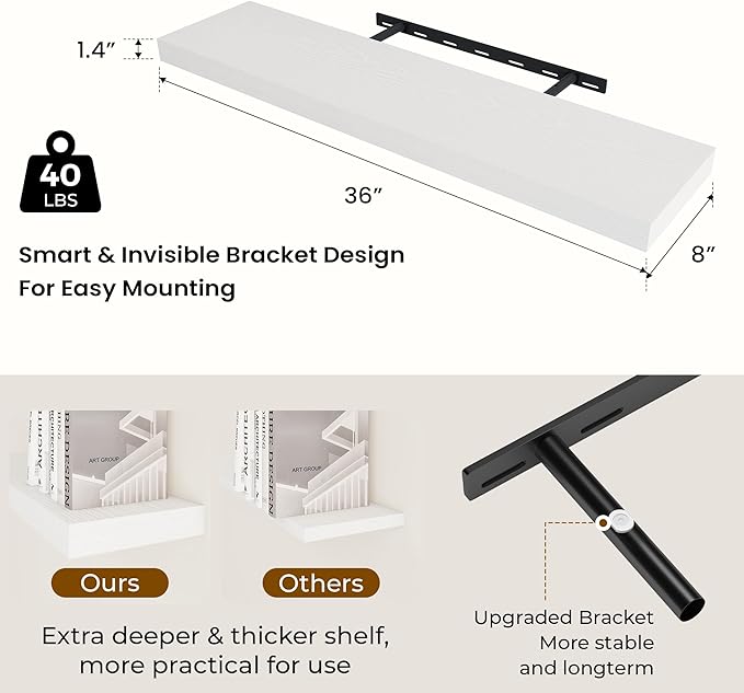 36 inch Floating Shelves Wall Shelves for Office with Invisible Brackets, 8 inch Deep Shelves for Bathroom, Living Room, Kitchen, Office, 36x7.9 inch deep Set of 2, White-Ruum Studio Home