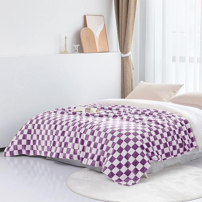 LOMAO Throw Blankets Flannel Blanket with Checkerboard Grid Pattern Soft Throw Blanket for Couch, Bed, Sofa Luxurious Warm and Cozy for All Seasons (Purple, 60"x80")-Ruum Studio Home