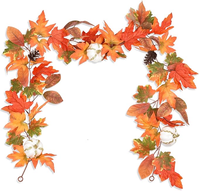 DearHouse 6ft Pumpkin Fall Maple Leaves Garland - Artificial Autumn Foliage Hanging Vine for Thanksgiving, Home, Wedding, Fireplace, Party, Christmas Decor (Orange & Brown)-Ruum Studio Home