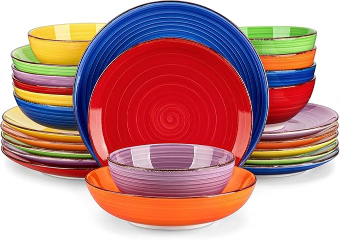 vancasso Bonita Dinnerware Sets, 24 Pieces Multicolor Stoneware Dinner Set for 6, Handpainted Spirals Pattern Ceramic Plates and Bowls Sets Kitchen Plate Set-Ruum Studio Home