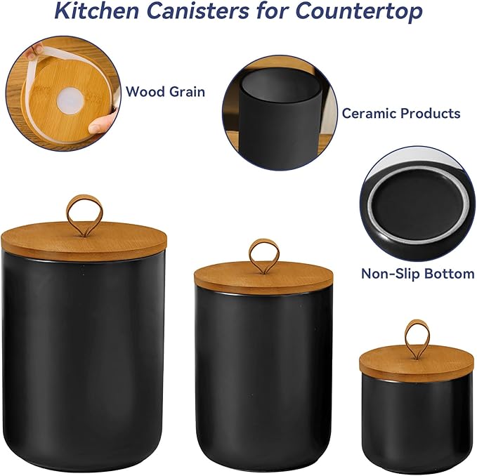 Ceramic Storage Jars, Modern Elegant Highly Polished Airtight Gorgeous Storage Canisters with Wooden Lid Small Food Stroage Jar for Kitchen Spice Tea Vanilla Sugar Coffee Beans (Black trumpet)-Ruum Studio Home