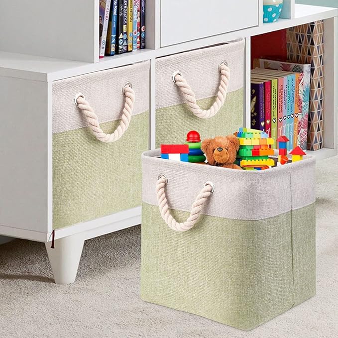 i BKGOO 3Pack Large Foldable Storage Bins，Collapsible Sturdy Cationic Fabric Organizing Storage Basket Cube with Cotton Handles for Home Office Shelf Clothes Toys Beige-Green 13×13×13 inch-Ruum Studio Home