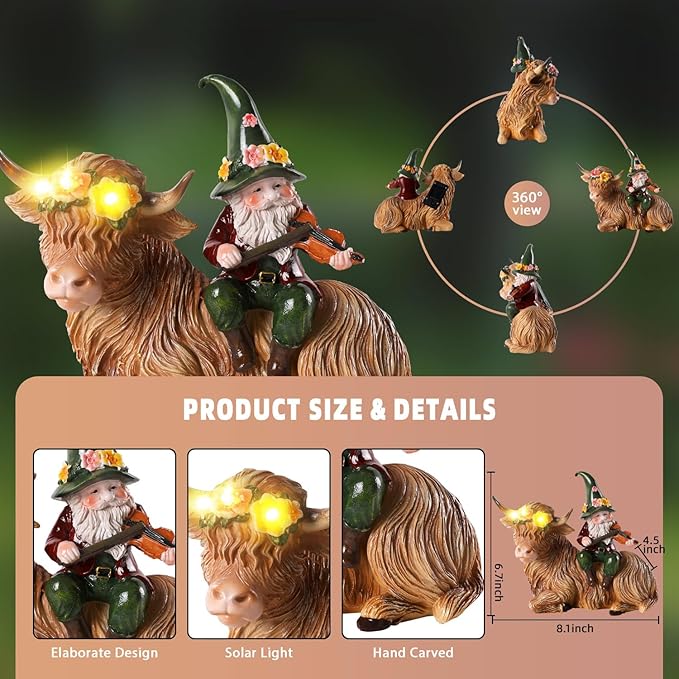 Solar Highland Cow Figurines for Garden with Gnome Playing The Violin 6.7" Resin Garden Gnomes Outdoor Patio Yard Lawn Porch Decor Birthday Housewarming Gifts for Women Mom Grandma Wife Sister Friend-Ruum Studio Home