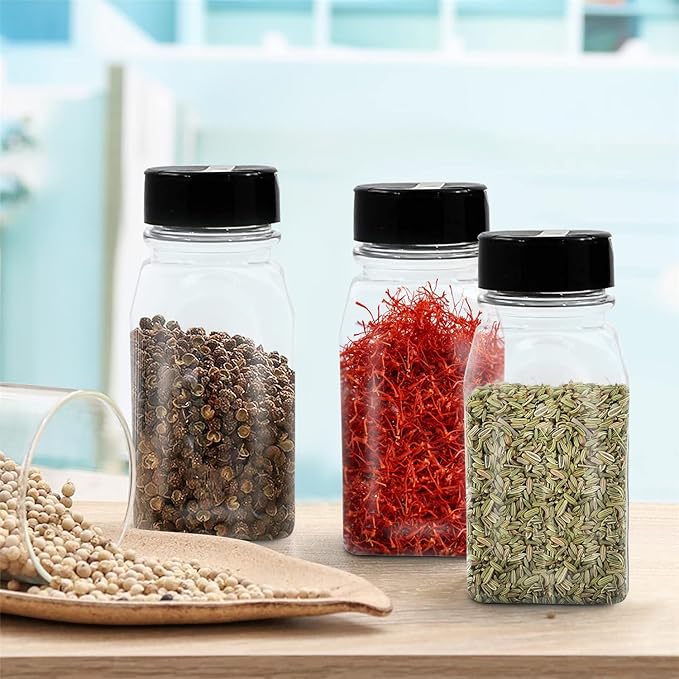 RoyalHouse 12 Pack 9.5 Oz Plastic Spice Jars with Black Cap, Clear and Safe Plastic Bottle Containers with Shaker Lids for Storing Spice, Herbs and Seasoning Powders, BPA Free, Made in USA-Ruum Studio Home