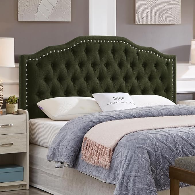 24KF Upholstered Button Tufted Queen Headboard with Nailhead Trim, Elegant Boucle Fabric Full headboard, 6031-Q-Boucle-Dark Green-Ruum Studio Home