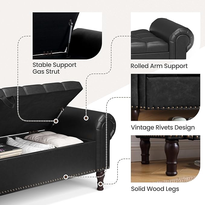 Storage Ottoman Bench for Bedroom, 51" Upholstered Bedroom Bench with Rolled Arms and Vintage Rivets, Large Storage Chest for Living Room, Bedroom, Entryway, Black-Ruum Studio Home