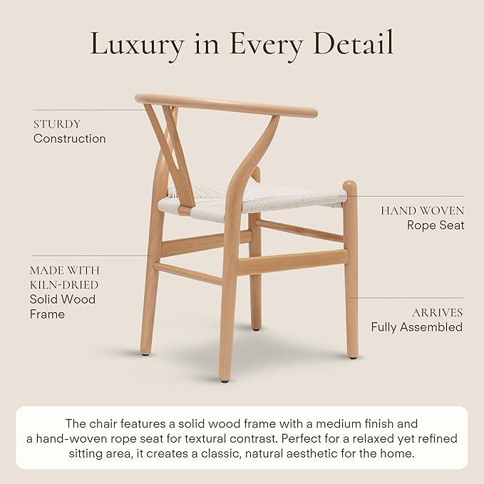 POLY & BARK Weave Dining Chairs – Mid-Century Modern Wishbone Dining Chairs with Arms, Solid Wood Frame, Indoor Use – Natural – Set of 2 - Ideal for Dining Room, Kitchen or Stylish Accent Setting-Ruum Studio Home