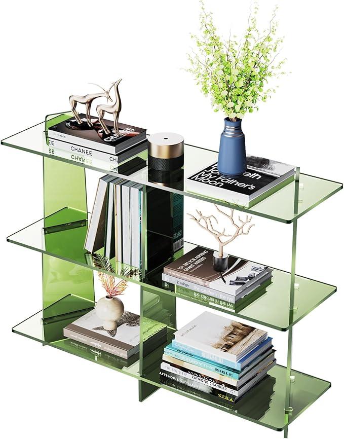 Acrylic Bookshelf, Small 3 Tier Open Bookcase for Small Spaces,Sofa Table, Hallway Entry Table for Home Living Room (Green, 39.4'' x 11.8'' x 31.5'')-Ruum Studio Home