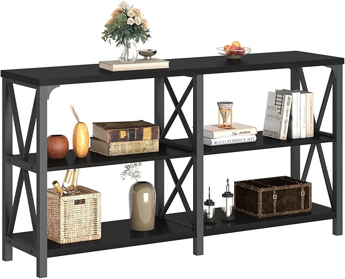 LVB Black Console Table, Modern Entryway Table with 3 Tier Storage Shelves, Industrial Sofa Table Behind Couch for Living Room, Farmhouse Wood Metal Entry Table for Hallway Foyer, Black Oak, 55 Inch-Ruum Studio Home