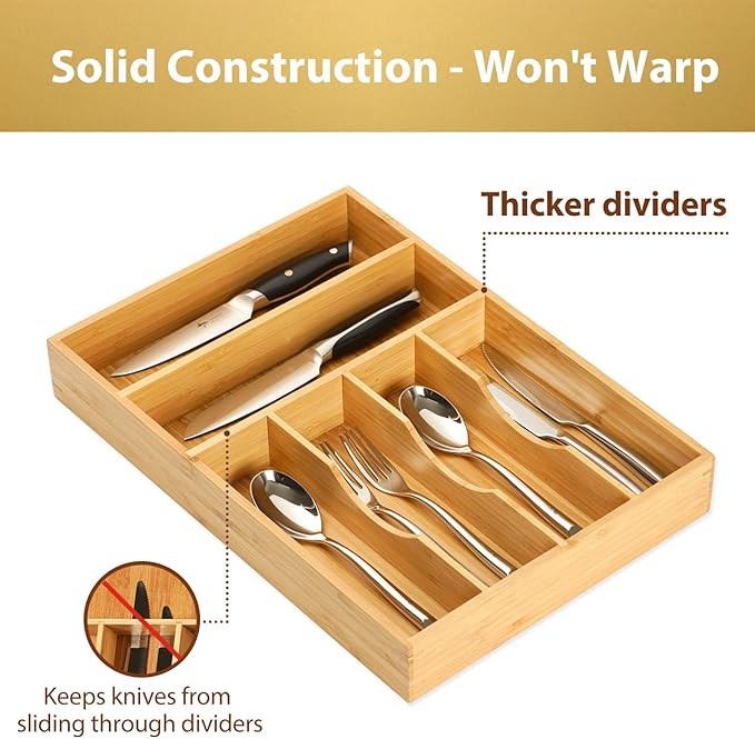 Umilife Kitchen Drawer Organizer, 12 Inch Silverware Utensil Tray Holder, Extra Deep, with Non-Slip Feet & Grooved Drawer Divider, 6 Slots Total Bamboo Wood Caddy for Flatware Cutlery Knives-Ruum Studio Home
